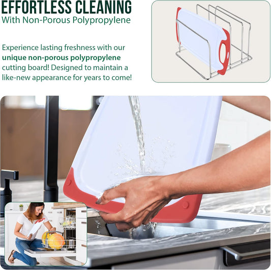 Plastic Cutting Boards for Kitchen, with Grips – Set of 3 Dishwasher-Safe, Non Slip Cutting Board with Juice Groove – Thick, Durable Cutting Boards for Meat and Vegetables , Red