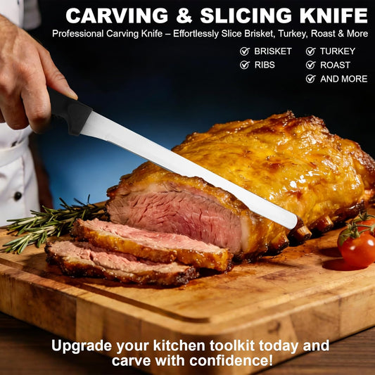 Carving Knife & Slicing Knife - Professional Sharp High Carbon Stainless Steel Blade, Ergonomic Plastic Handle - For Roasts, Turkey, Sashimi, Ham & Meat (S)