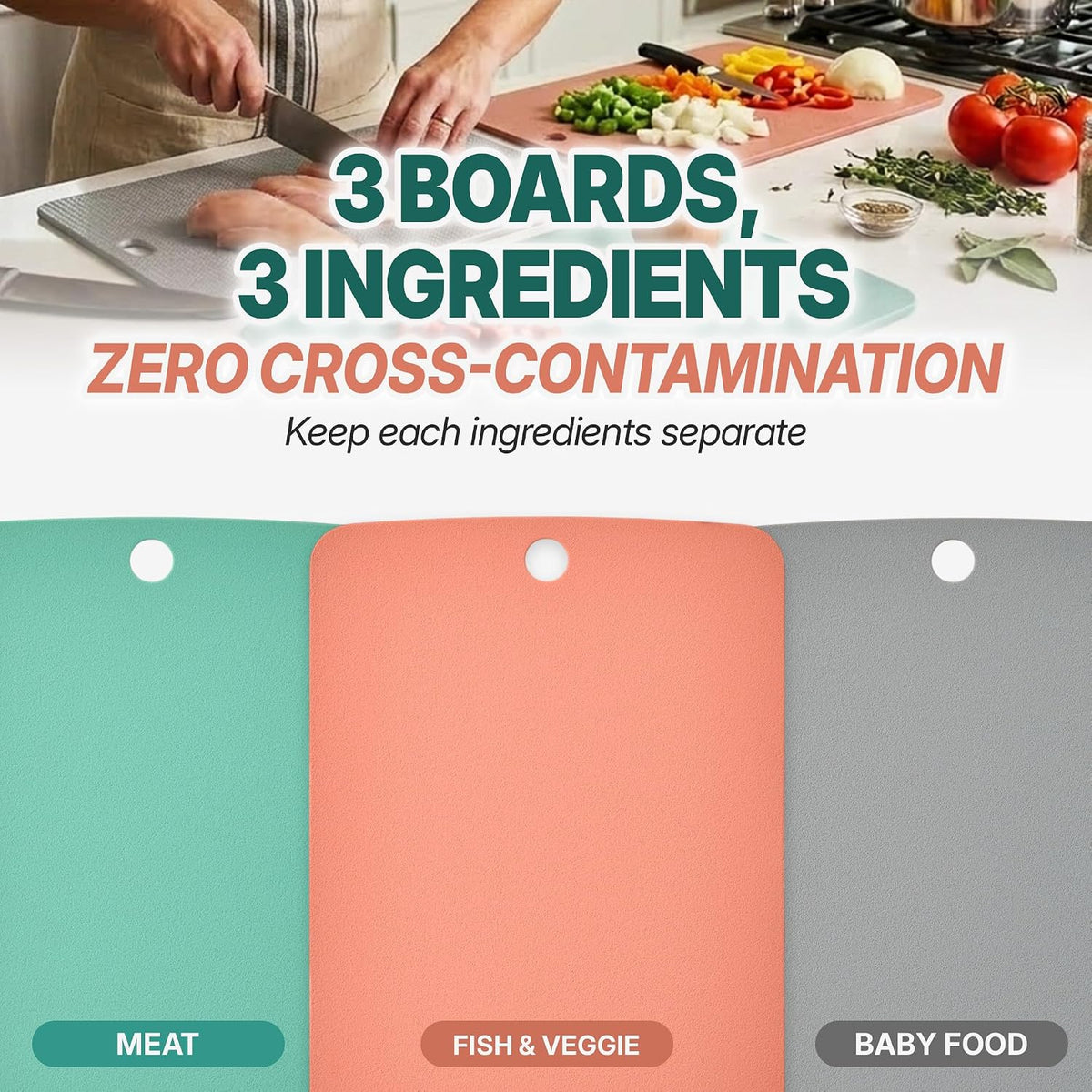 TPU Small Cutting Board Set of 3 9"x12" - Flexible Cutting Mats for Kitchen Knife Friendly, Cutting Mat Non-Slip Chopping Board Double Sided Scratch Resistant Food Grade Coral Mint Gray