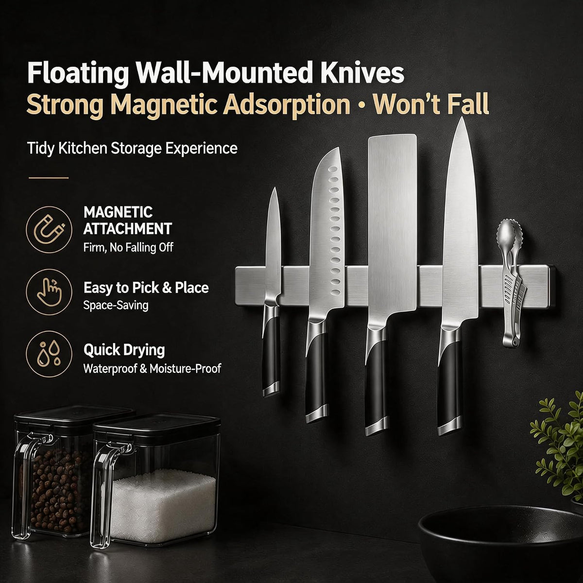 Magnetic Knife Holder for Wall, Premium 304 Stainless Steel Magnetic Knife Strip, No-Drill Heavy Duty Knife Bar & Utensil Organizer, Space-Saving Wall Mounted Knife Rack for Kitchen (16inch)