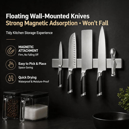 Magnetic Knife Holder for Wall, Premium 304 Stainless Steel Magnetic Knife Strip, No-Drill Heavy Duty Knife Bar & Utensil Organizer, Space-Saving Wall Mounted Knife Rack for Kitchen (16inch)