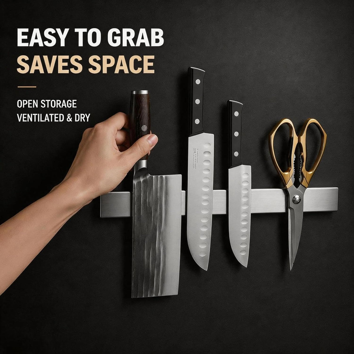 Magnetic Knife Holder for Wall, Premium 304 Stainless Steel Magnetic Knife Strip, No-Drill Heavy Duty Knife Bar & Utensil Organizer, Space-Saving Wall Mounted Knife Rack for Kitchen (16inch)