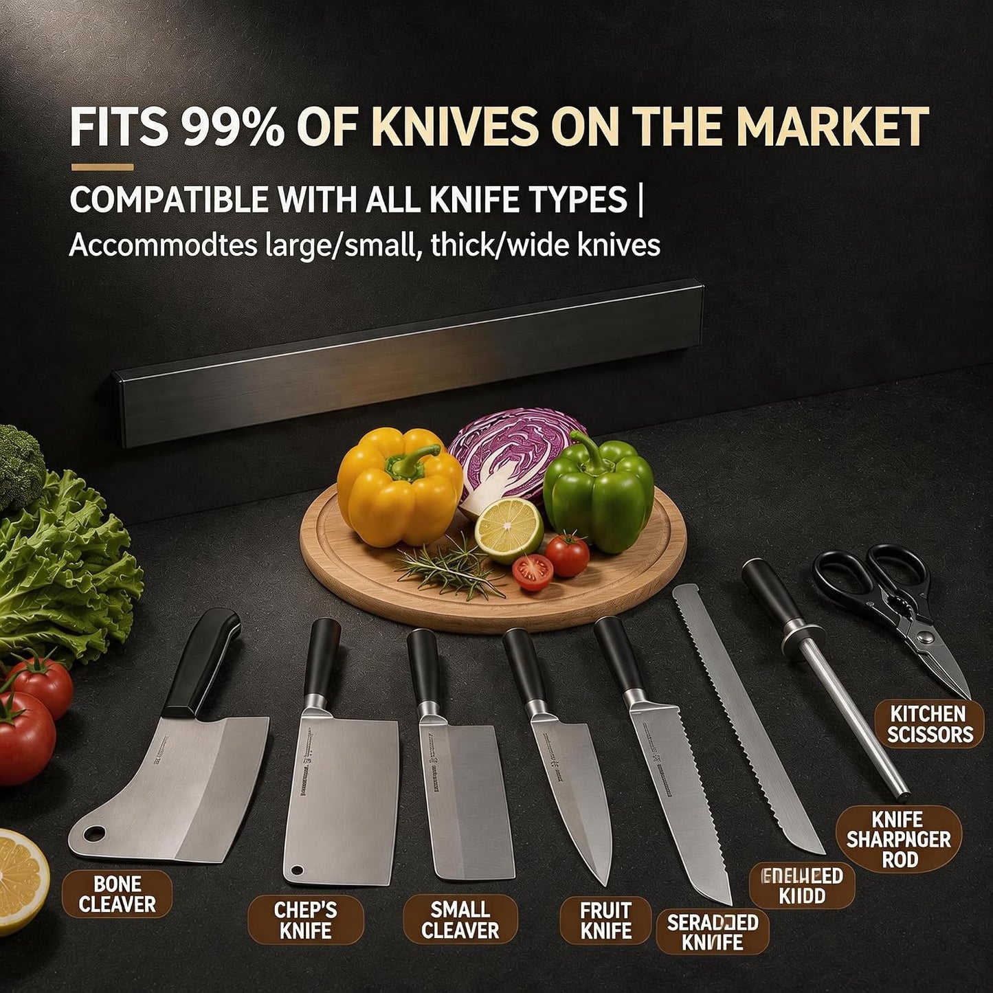 Magnetic Knife Holder for Wall, Premium 304 Stainless Steel Magnetic Knife Strip, No-Drill Heavy Duty Knife Bar & Utensil Organizer, Space-Saving Wall Mounted Knife Rack for Kitchen (16inch)