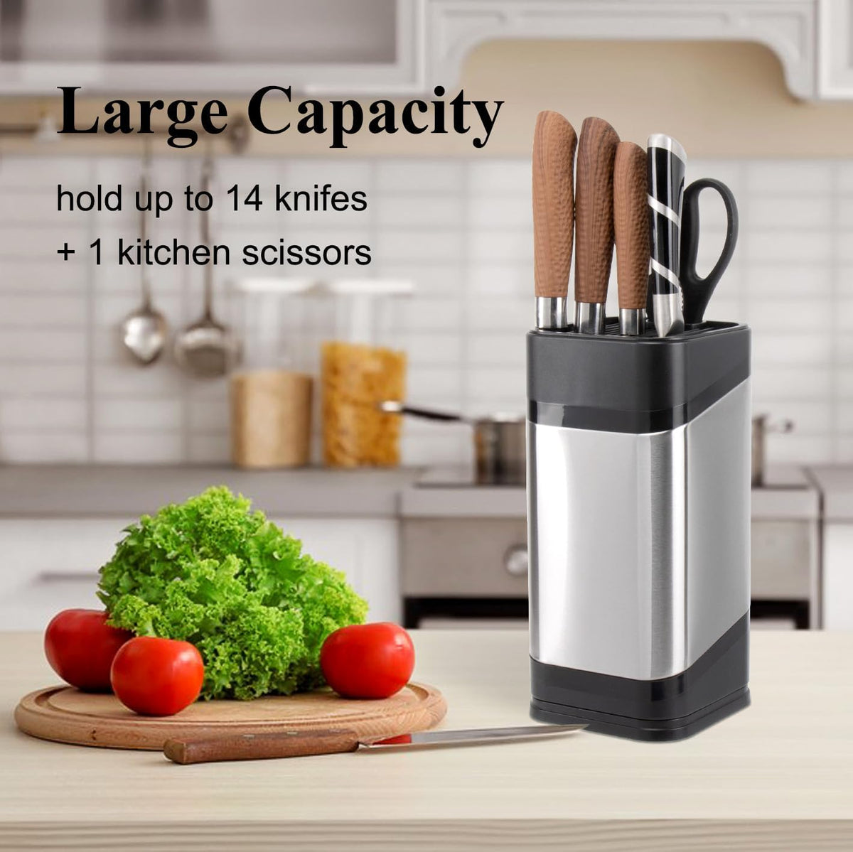 Kitchen Knife Holder,Stainless Steel Universal Knife Block for Kitchen Counter,Space-Saving Knife Storage Organizer Countertop,Knife Block Holder without Knives (Black)