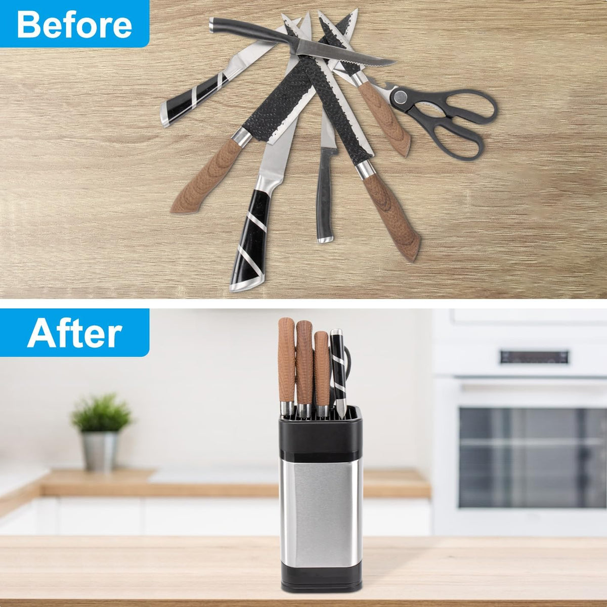Kitchen Knife Holder,Stainless Steel Universal Knife Block for Kitchen Counter,Space-Saving Knife Storage Organizer Countertop,Knife Block Holder without Knives (Black)