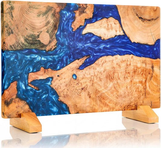 Extra Large Magnetic Knife Block, Double Sided Holder, Powerful Magnet Kitchen Storage, Acacia Wood and Blue Resin, 15.75 x 9.84 Inches