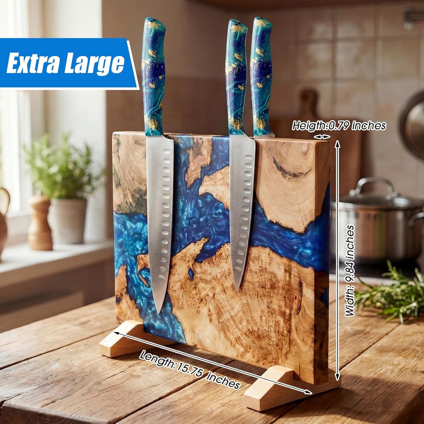 Extra Large Magnetic Knife Block, Double Sided Holder, Powerful Magnet Kitchen Storage, Acacia Wood and Blue Resin, 15.75 x 9.84 Inches