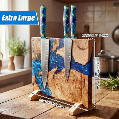 Extra Large Magnetic Knife Block, Double Sided Holder, Powerful Magnet Kitchen Storage, Acacia Wood and Blue Resin, 15.75 x 9.84 Inches