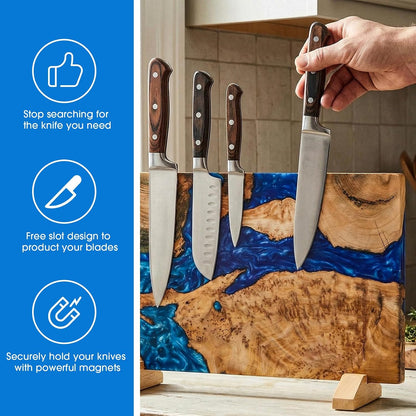 Extra Large Magnetic Knife Block, Double Sided Holder, Powerful Magnet Kitchen Storage, Acacia Wood and Blue Resin, 15.75 x 9.84 Inches