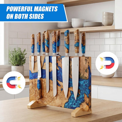 Extra Large Magnetic Knife Block, Double Sided Holder, Powerful Magnet Kitchen Storage, Acacia Wood and Blue Resin, 15.75 x 9.84 Inches