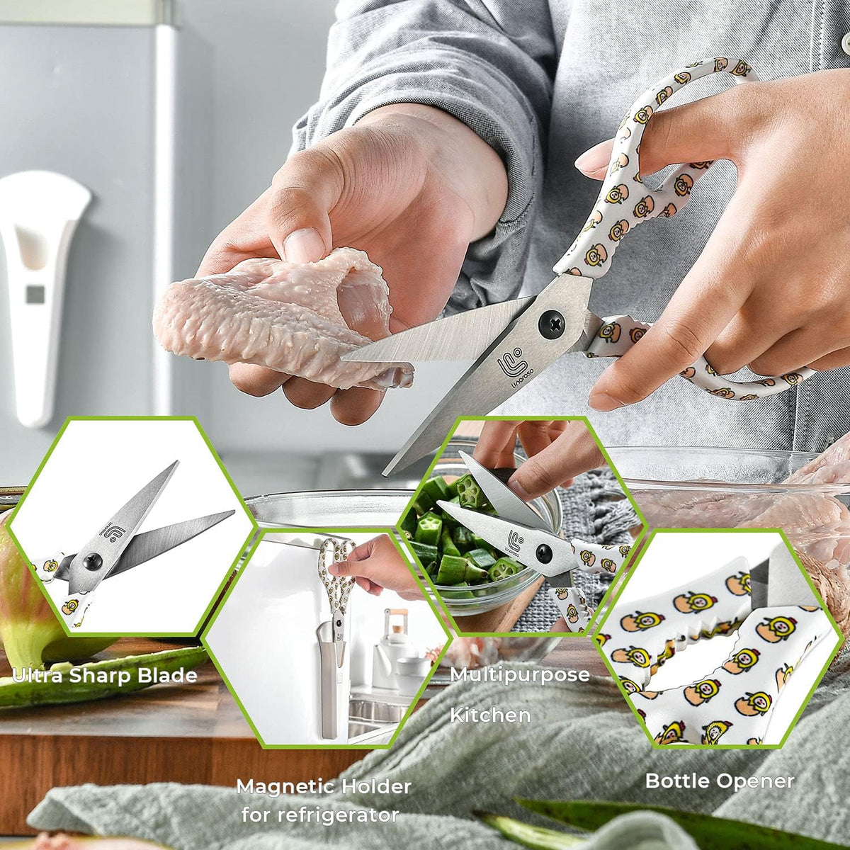 Kitchen Scissors All Purpose Kitchen Shears with Magnetic Holder, Heavy Duty Scissors Shears Dishwasher Safe, Come Apart Food Scissors for Meat, Poultry, Cooking, BBQ, Vegetable, Herbs, Black