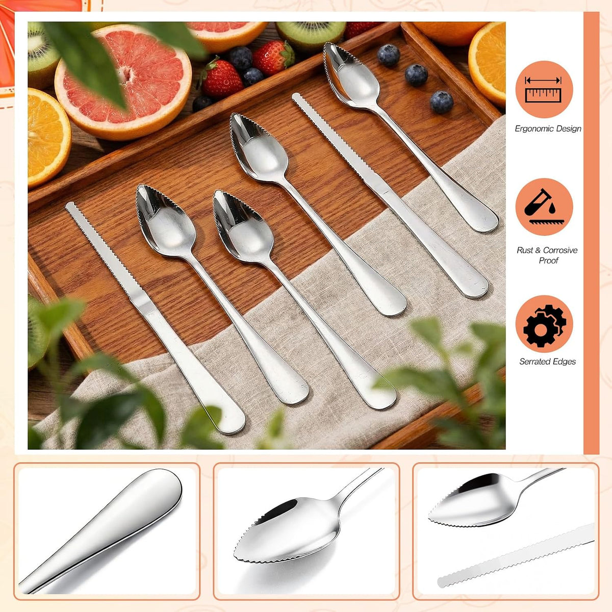 20 Pcs Grapefruit Spoons Bulk and 2 Grapefruit Knifes, Serrated Edge & Thick Gauge Handle, 18/8 Stainless Steel Silver Citrus Utensil Set for Kiwi Apple Dessert Salad Citrus Fruits