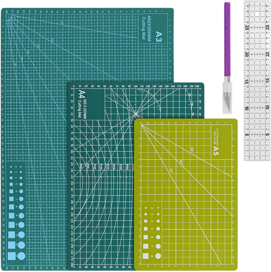 3Pcs Self Healing Cutting Mat with Knife and Quilting Ruler，3 Size Non-Slip Cutting Mat for Crafts Hobby Project， A3/A4/A5，Green