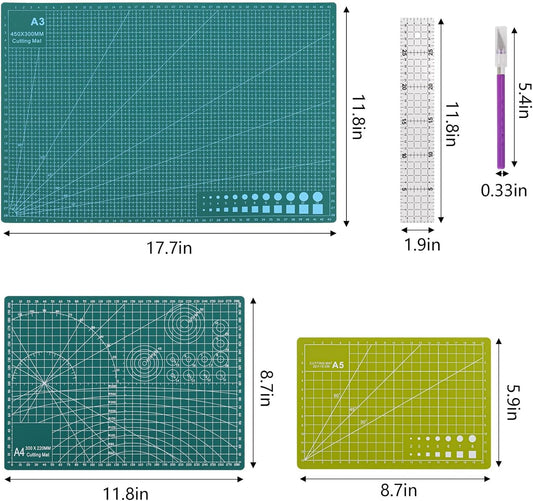 3Pcs Self Healing Cutting Mat with Knife and Quilting Ruler，3 Size Non-Slip Cutting Mat for Crafts Hobby Project， A3/A4/A5，Green