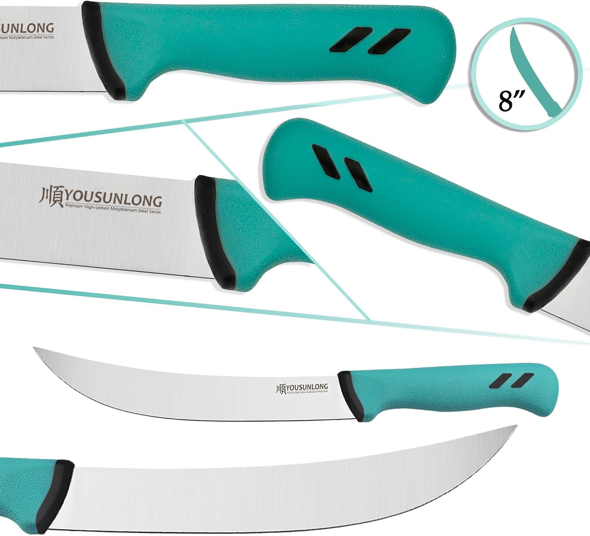 Cimeter Butcher & Boning Knife 3-Piece Set - Premium High-carbon Molybdenum Steel Blade of 5" 8" 10" - Butcher's Meat Knife Set - Ergonomic & Non-slip Handle