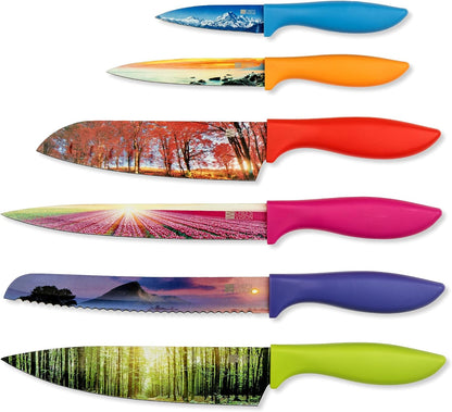 Landscape Knife Set, Six-Piece Stainless Steel Kitchen Knives | Decorative Knife Set with 6 Colorful Landscape Designs, A Unique Cooking Gift for Nature Lovers, Home Cooks, Bakers and Chefs