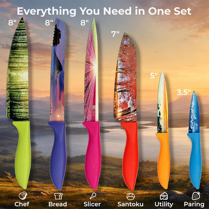Landscape Knife Set, Six-Piece Stainless Steel Kitchen Knives | Decorative Knife Set with 6 Colorful Landscape Designs, A Unique Cooking Gift for Nature Lovers, Home Cooks, Bakers and Chefs