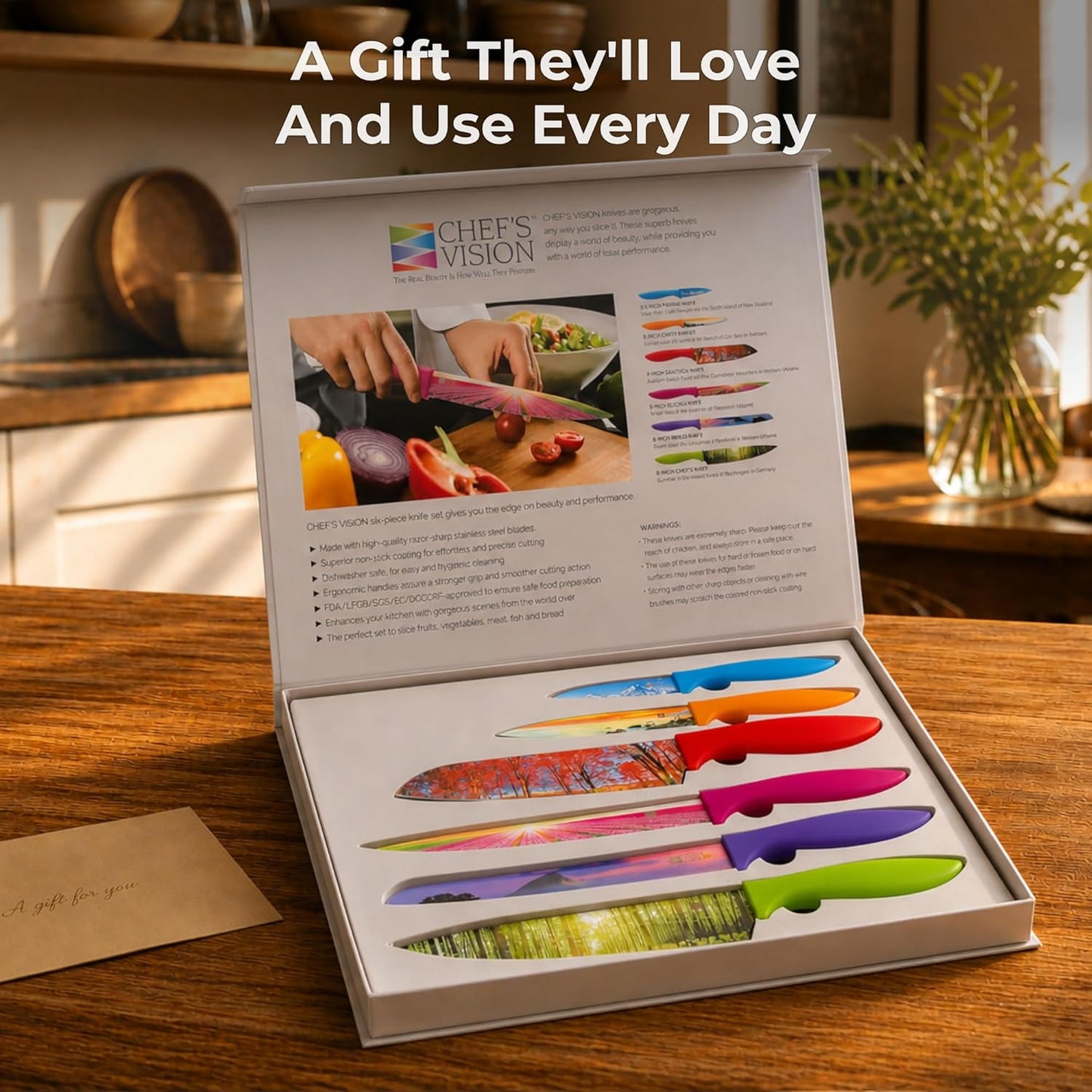 Landscape Knife Set, Six-Piece Stainless Steel Kitchen Knives | Decorative Knife Set with 6 Colorful Landscape Designs, A Unique Cooking Gift for Nature Lovers, Home Cooks, Bakers and Chefs