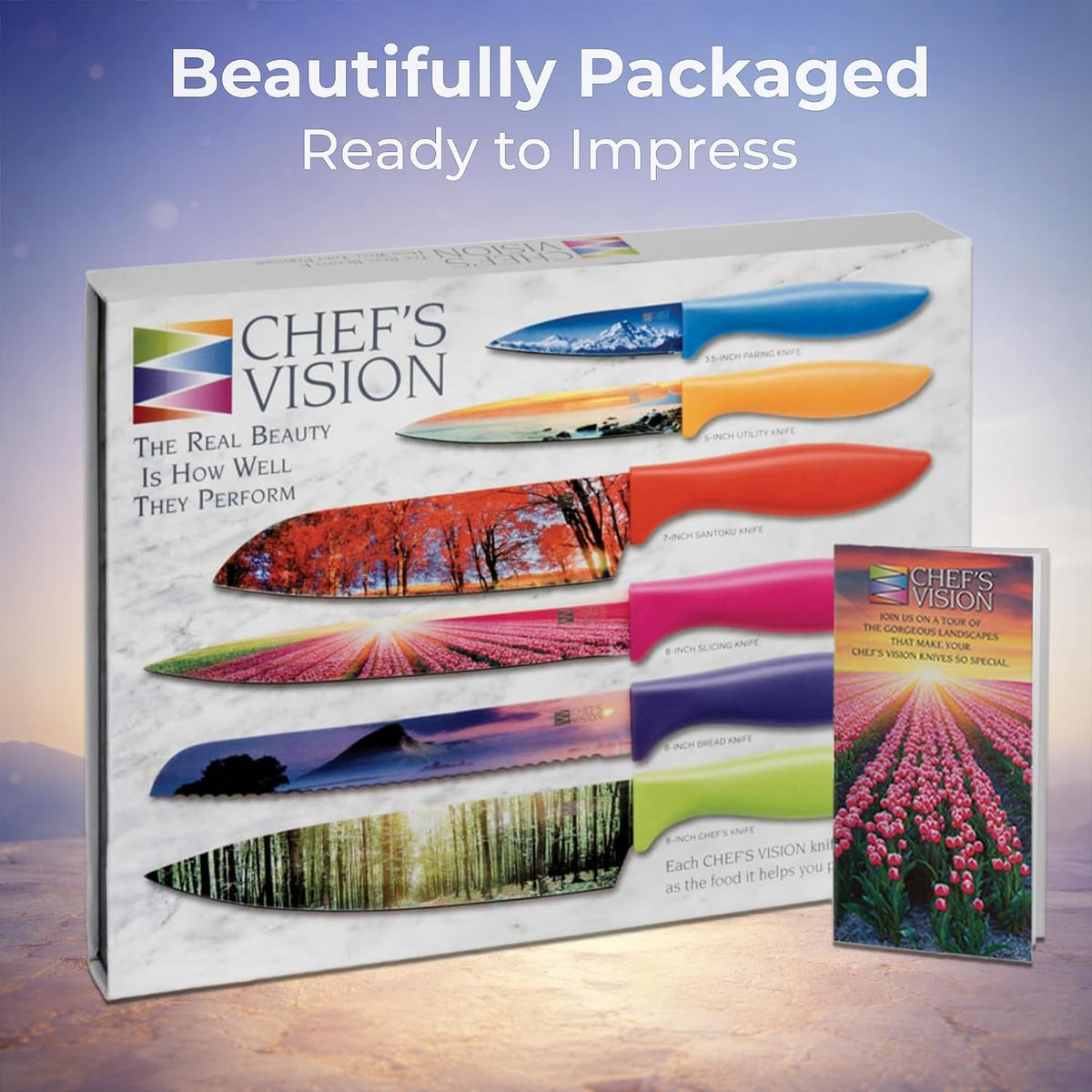 Landscape Knife Set, Six-Piece Stainless Steel Kitchen Knives | Decorative Knife Set with 6 Colorful Landscape Designs, A Unique Cooking Gift for Nature Lovers, Home Cooks, Bakers and Chefs