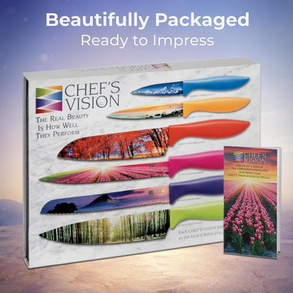 Landscape Knife Set, Six-Piece Stainless Steel Kitchen Knives | Decorative Knife Set with 6 Colorful Landscape Designs, A Unique Cooking Gift for Nature Lovers, Home Cooks, Bakers and Chefs