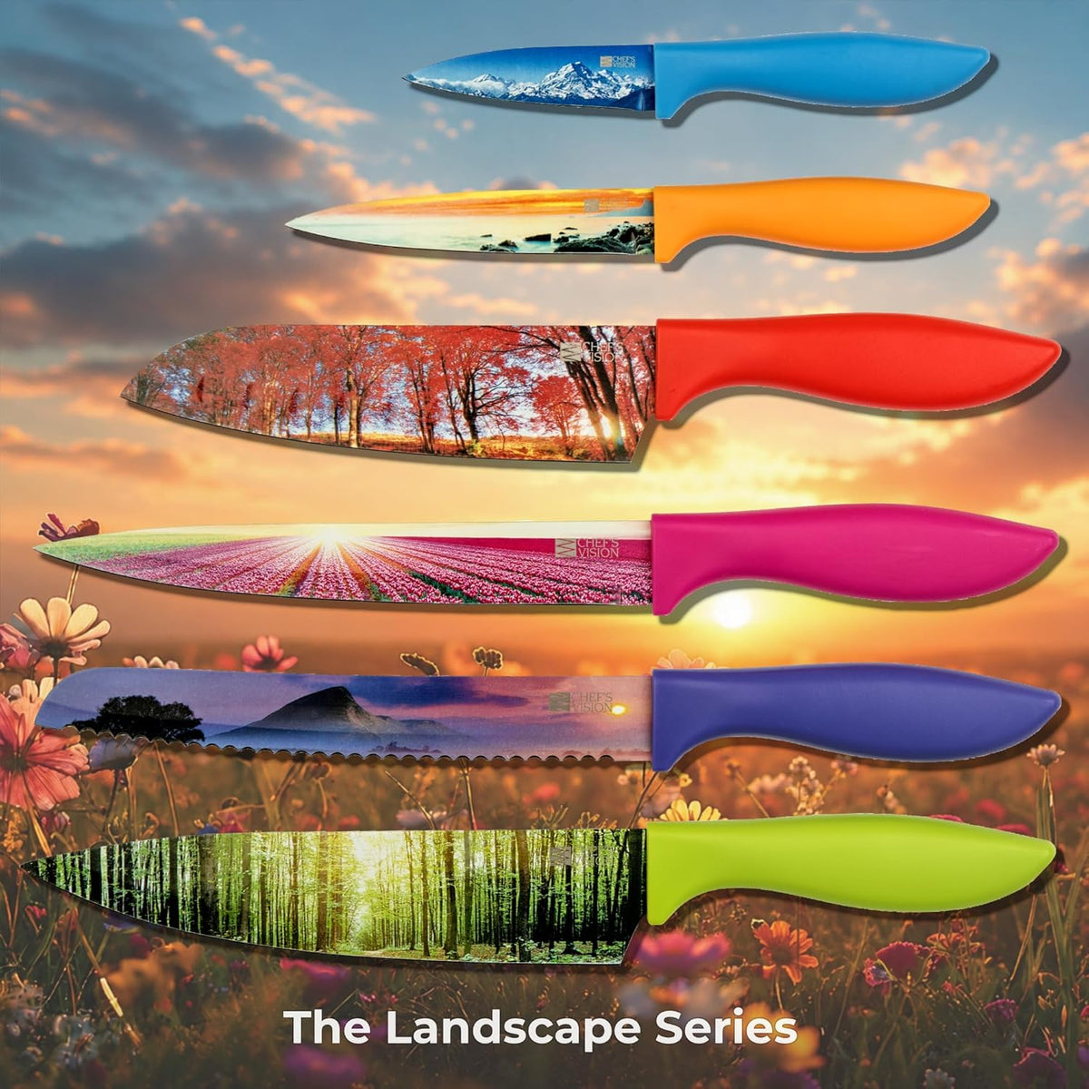 Landscape Knife Set, Six-Piece Stainless Steel Kitchen Knives | Decorative Knife Set with 6 Colorful Landscape Designs, A Unique Cooking Gift for Nature Lovers, Home Cooks, Bakers and Chefs