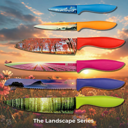 Landscape Knife Set, Six-Piece Stainless Steel Kitchen Knives | Decorative Knife Set with 6 Colorful Landscape Designs, A Unique Cooking Gift for Nature Lovers, Home Cooks, Bakers and Chefs