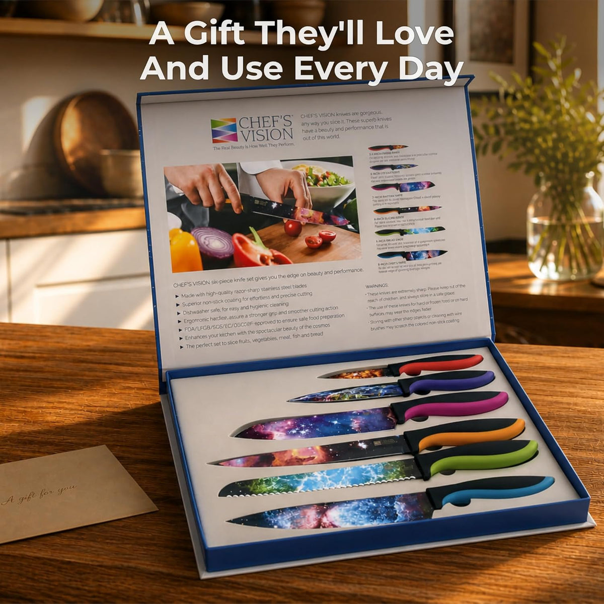 Landscape Knife Set, Six-Piece Stainless Steel Kitchen Knives | Decorative Knife Set with 6 Colorful Landscape Designs, A Unique Cooking Gift for Nature Lovers, Home Cooks, Bakers and Chefs