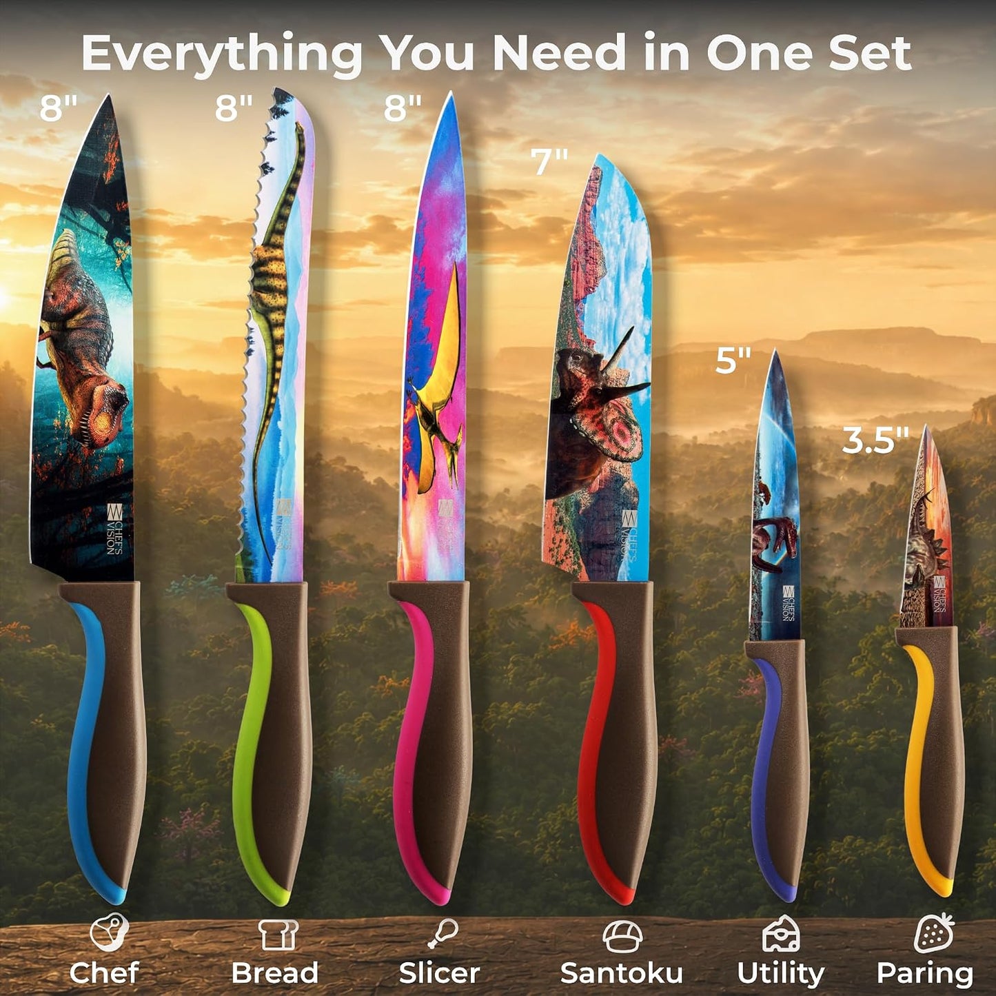 Landscape Knife Set, Six-Piece Stainless Steel Kitchen Knives | Decorative Knife Set with 6 Colorful Landscape Designs, A Unique Cooking Gift for Nature Lovers, Home Cooks, Bakers and Chefs
