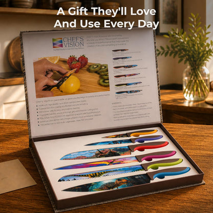 Landscape Knife Set, Six-Piece Stainless Steel Kitchen Knives | Decorative Knife Set with 6 Colorful Landscape Designs, A Unique Cooking Gift for Nature Lovers, Home Cooks, Bakers and Chefs