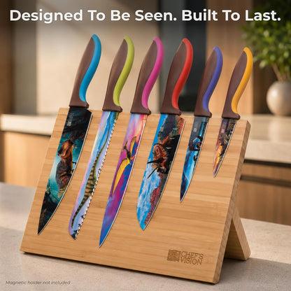 Landscape Knife Set, Six-Piece Stainless Steel Kitchen Knives | Decorative Knife Set with 6 Colorful Landscape Designs, A Unique Cooking Gift for Nature Lovers, Home Cooks, Bakers and Chefs
