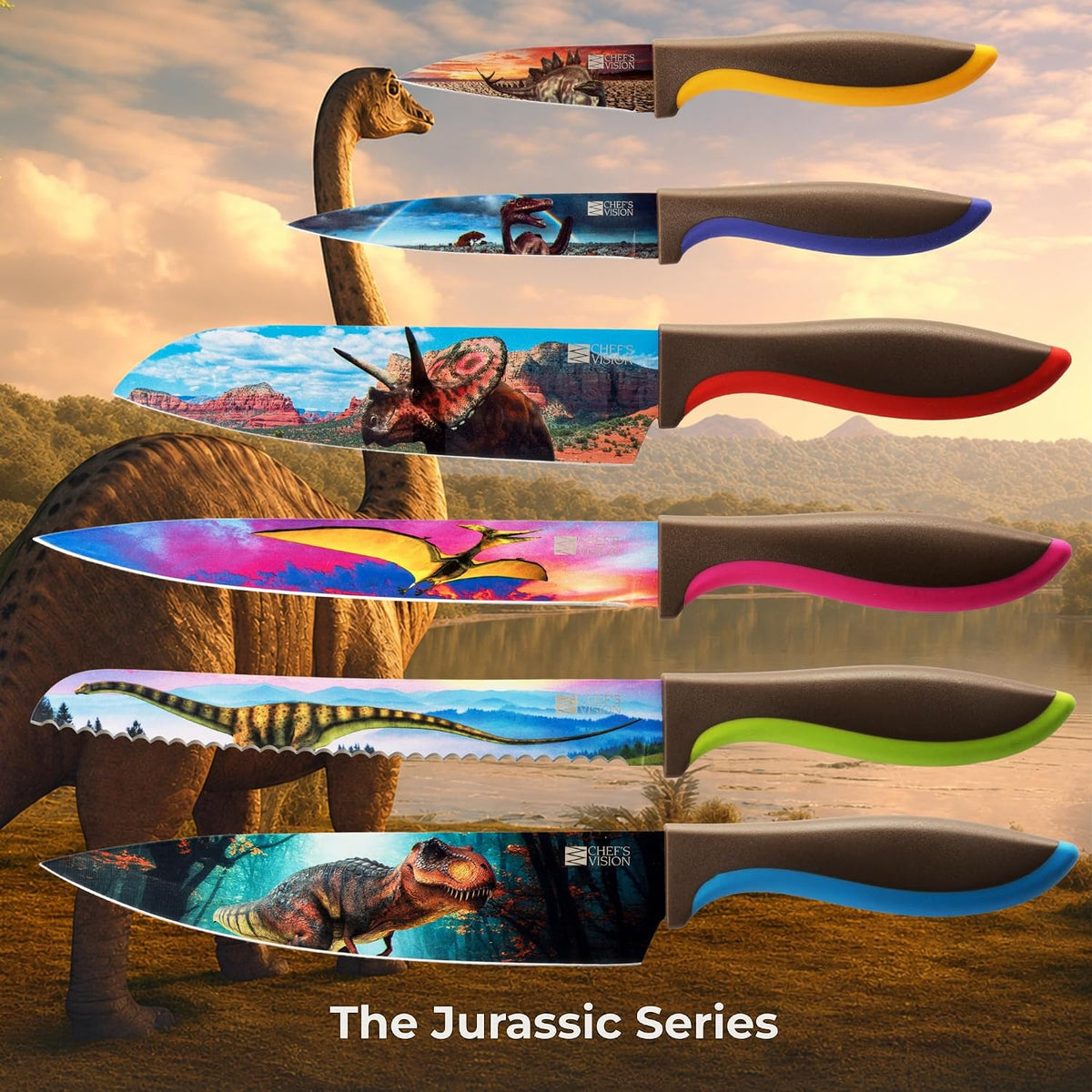 Landscape Knife Set, Six-Piece Stainless Steel Kitchen Knives | Decorative Knife Set with 6 Colorful Landscape Designs, A Unique Cooking Gift for Nature Lovers, Home Cooks, Bakers and Chefs