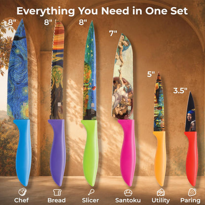 Landscape Knife Set, Six-Piece Stainless Steel Kitchen Knives | Decorative Knife Set with 6 Colorful Landscape Designs, A Unique Cooking Gift for Nature Lovers, Home Cooks, Bakers and Chefs
