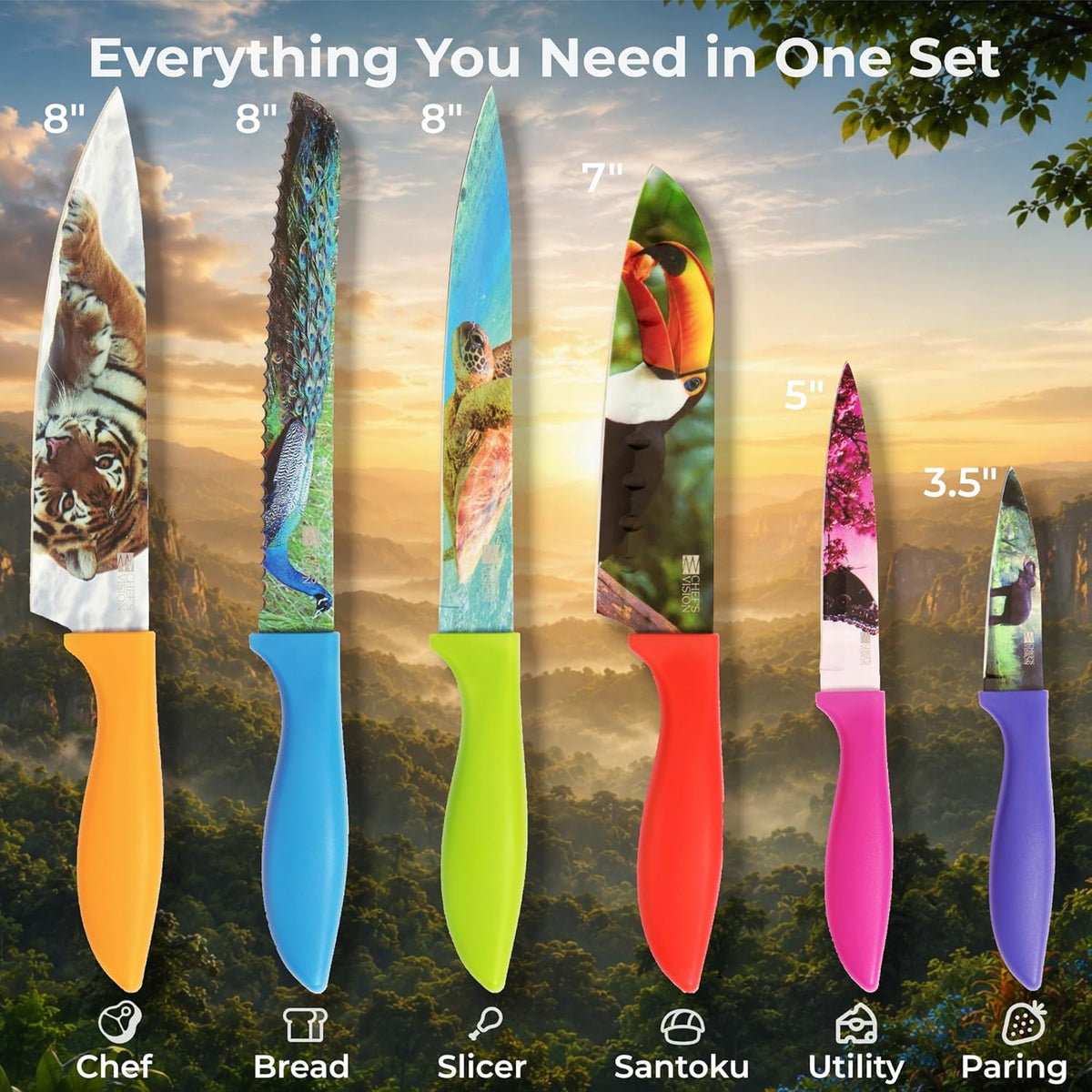 Landscape Knife Set, Six-Piece Stainless Steel Kitchen Knives | Decorative Knife Set with 6 Colorful Landscape Designs, A Unique Cooking Gift for Nature Lovers, Home Cooks, Bakers and Chefs