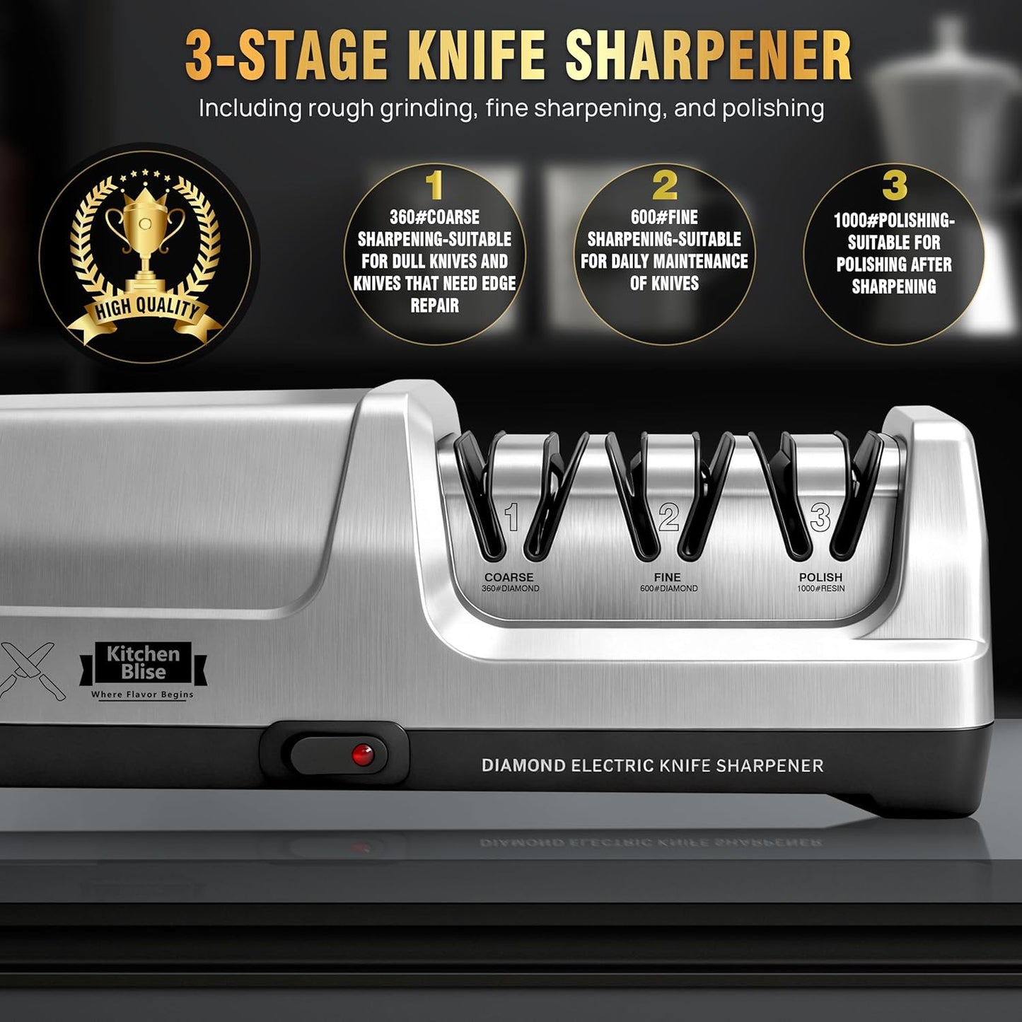 Electric Knife Sharpener for Kitchen—Fast Sharpening to Restore and Polish Chef Straight and Serrated Knives with 3 Stages & 20° Angle System with Metal Dust Box