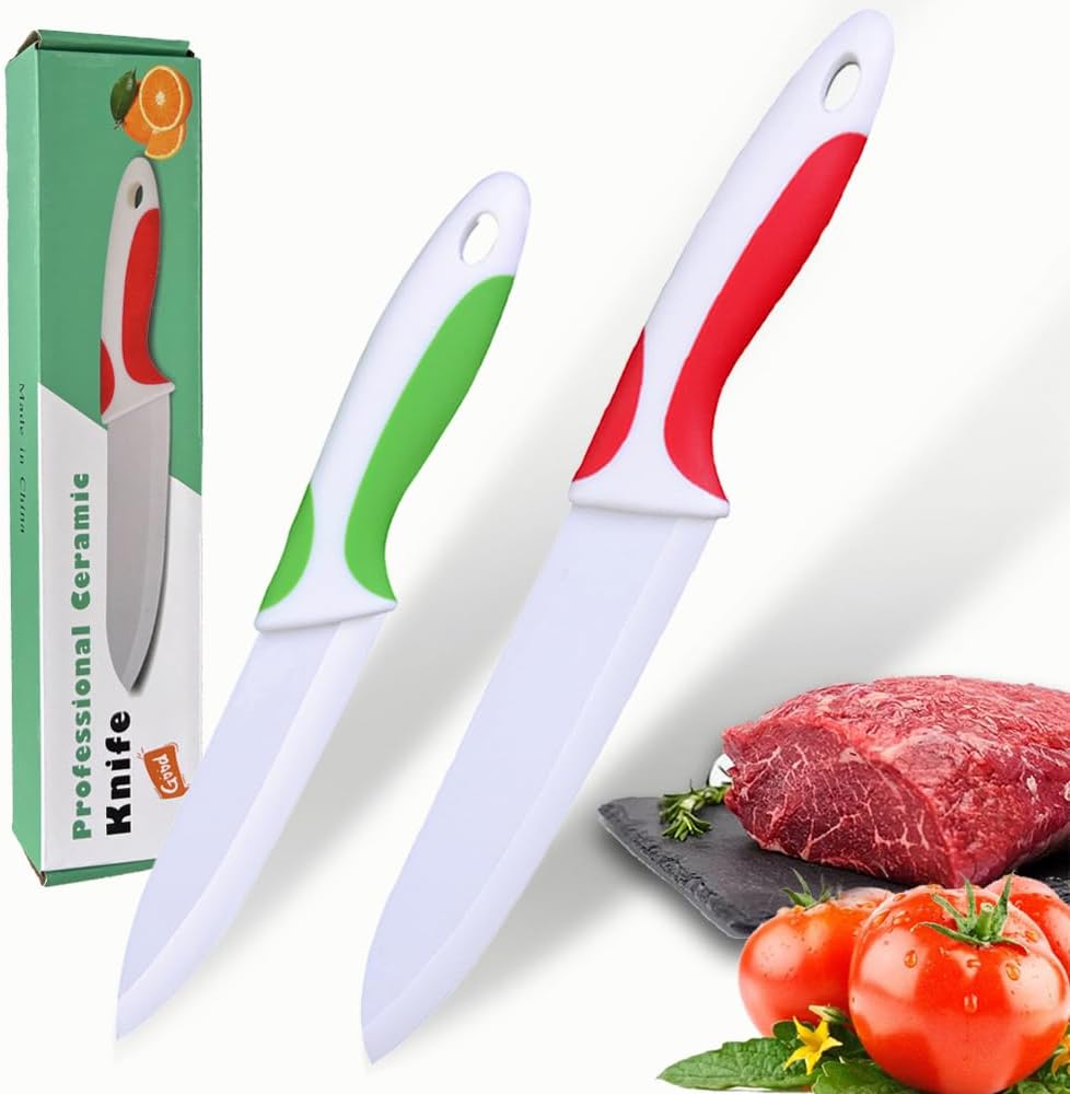 2 PCS Professional Ceramic knife 6 inch and 4 inch,Kitchen knife with Sheaths,Zirconia Blade with Ergonomic Handle,Use for Meat Fruit Vegetable Bread and Butter (Green and Red)