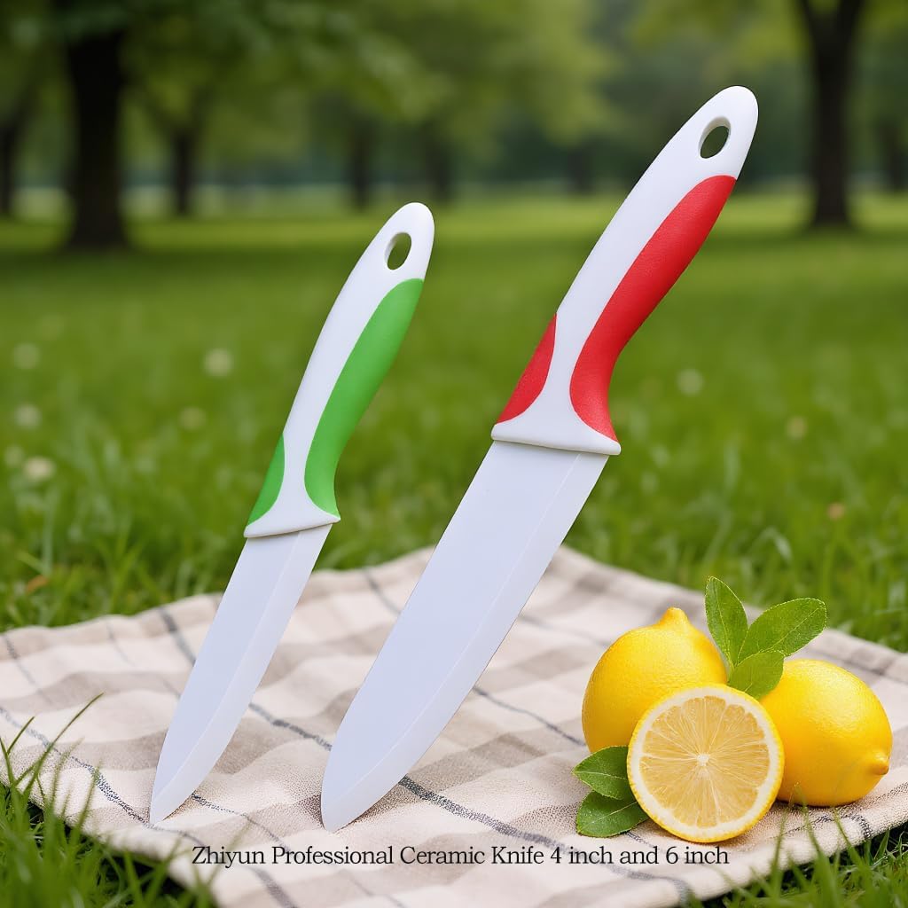 2 PCS Professional Ceramic knife 6 inch and 4 inch,Kitchen knife with Sheaths,Zirconia Blade with Ergonomic Handle,Use for Meat Fruit Vegetable Bread and Butter (Green and Red)