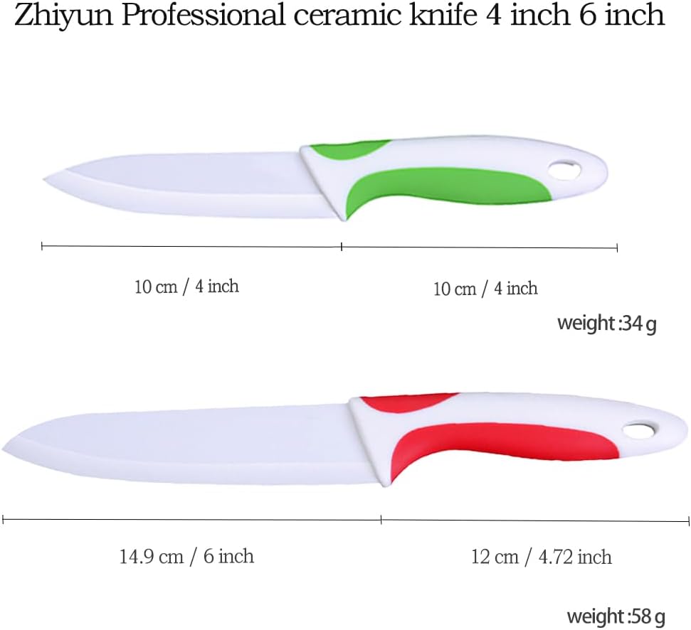 2 PCS Professional Ceramic knife 6 inch and 4 inch,Kitchen knife with Sheaths,Zirconia Blade with Ergonomic Handle,Use for Meat Fruit Vegetable Bread and Butter (Green and Red)