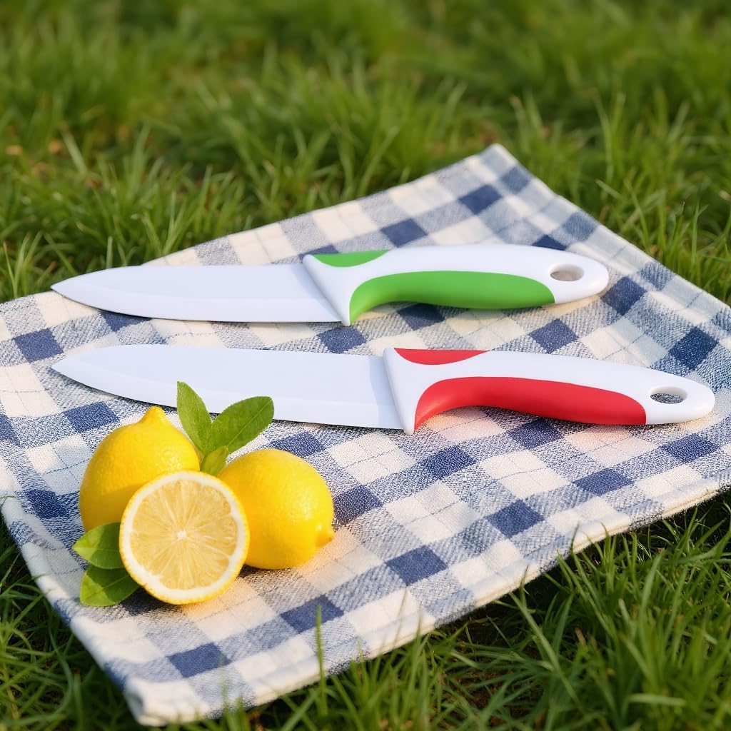 2 PCS Professional Ceramic knife 6 inch and 4 inch,Kitchen knife with Sheaths,Zirconia Blade with Ergonomic Handle,Use for Meat Fruit Vegetable Bread and Butter (Green and Red)