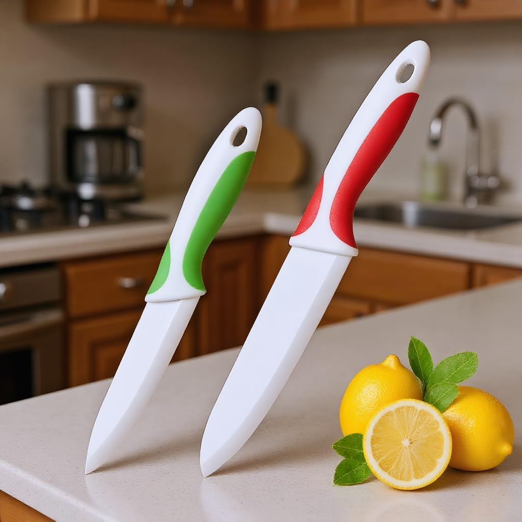 2 PCS Professional Ceramic knife 6 inch and 4 inch,Kitchen knife with Sheaths,Zirconia Blade with Ergonomic Handle,Use for Meat Fruit Vegetable Bread and Butter (Green and Red)