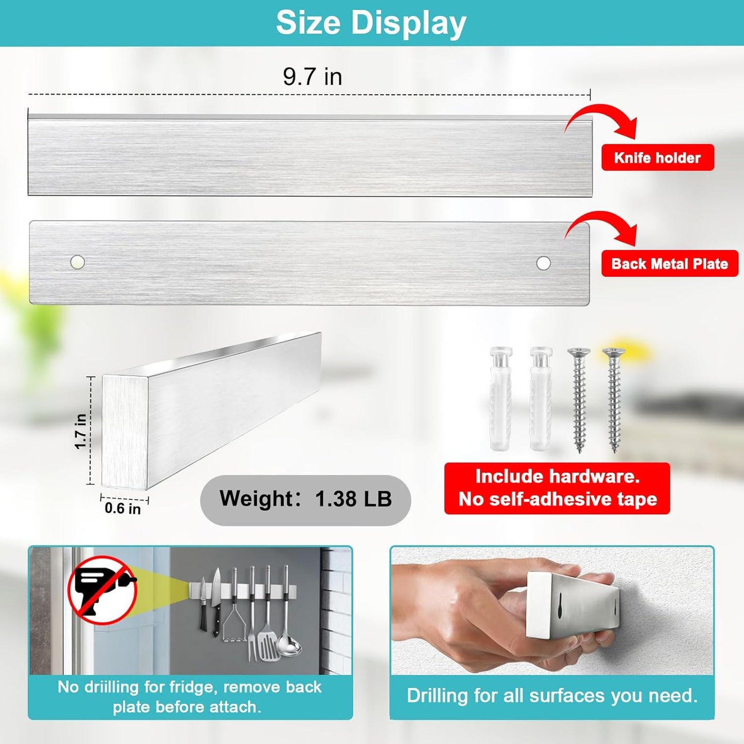 Magnetic Knife Holder for Wall, Knife Magnetic Strip Magnetic Knife Holder for Refrigerator Mount Knife Rack Kitchen Utensil Holder Metal Tool Holder Knife Block Kitchen Organizer Accessories 9.7 Inch