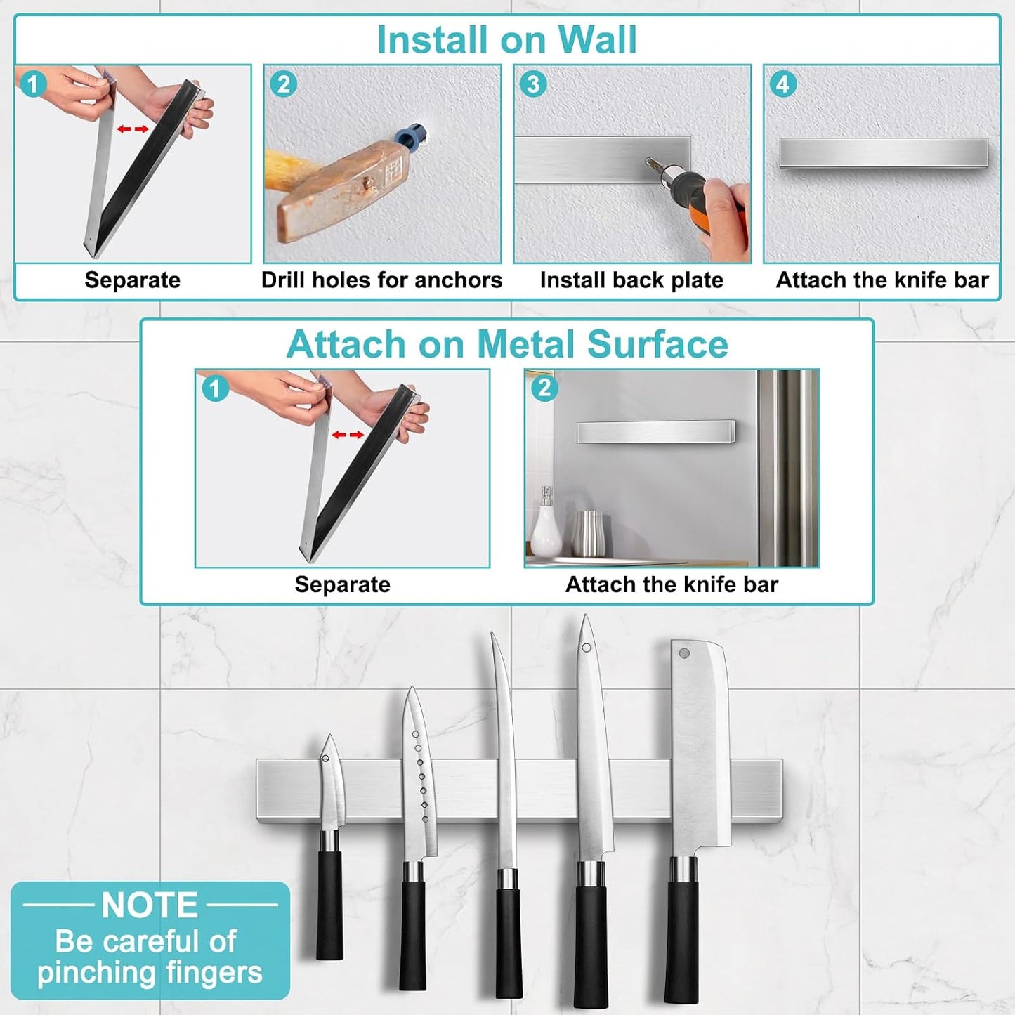 Magnetic Knife Holder for Wall, Knife Magnetic Strip Magnetic Knife Holder for Refrigerator Mount Knife Rack Kitchen Utensil Holder Metal Tool Holder Knife Block Kitchen Organizer Accessories 9.7 Inch