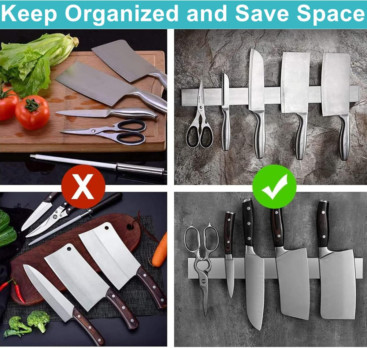 Magnetic Knife Holder for Wall, Knife Magnetic Strip Magnetic Knife Holder for Refrigerator Mount Knife Rack Kitchen Utensil Holder Metal Tool Holder Knife Block Kitchen Organizer Accessories 9.7 Inch