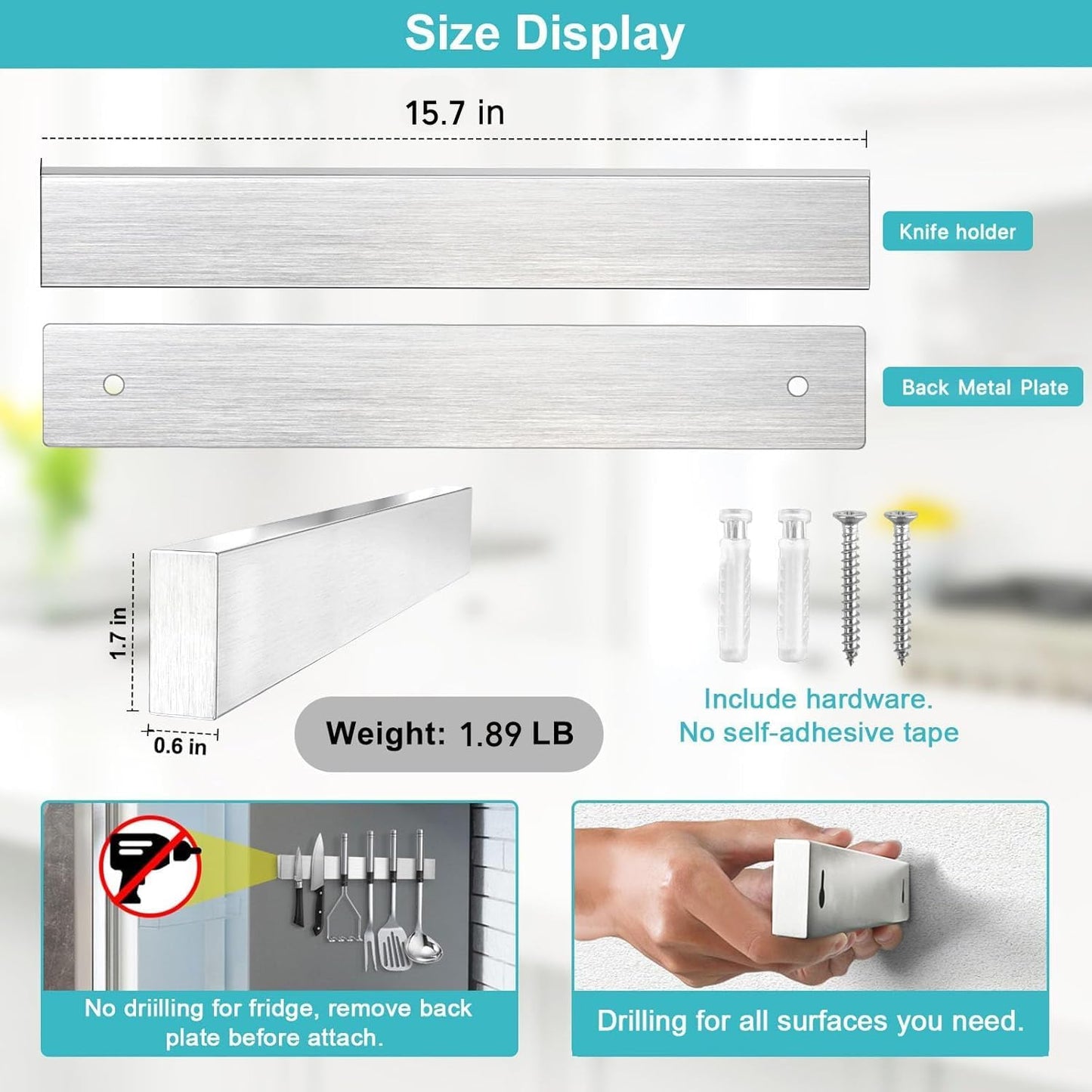 Magnetic Knife Holder for Wall, Knife Magnetic Strip Magnetic Knife Holder for Refrigerator Mount Knife Rack Kitchen Utensil Holder Metal Tool Holder Knife Block Kitchen Organizer Accessories 9.7 Inch