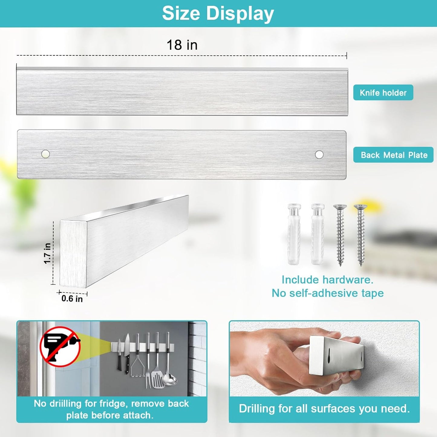 Magnetic Knife Holder for Wall, Knife Magnetic Strip Magnetic Knife Holder for Refrigerator Mount Knife Rack Kitchen Utensil Holder Metal Tool Holder Knife Block Kitchen Organizer Accessories 9.7 Inch