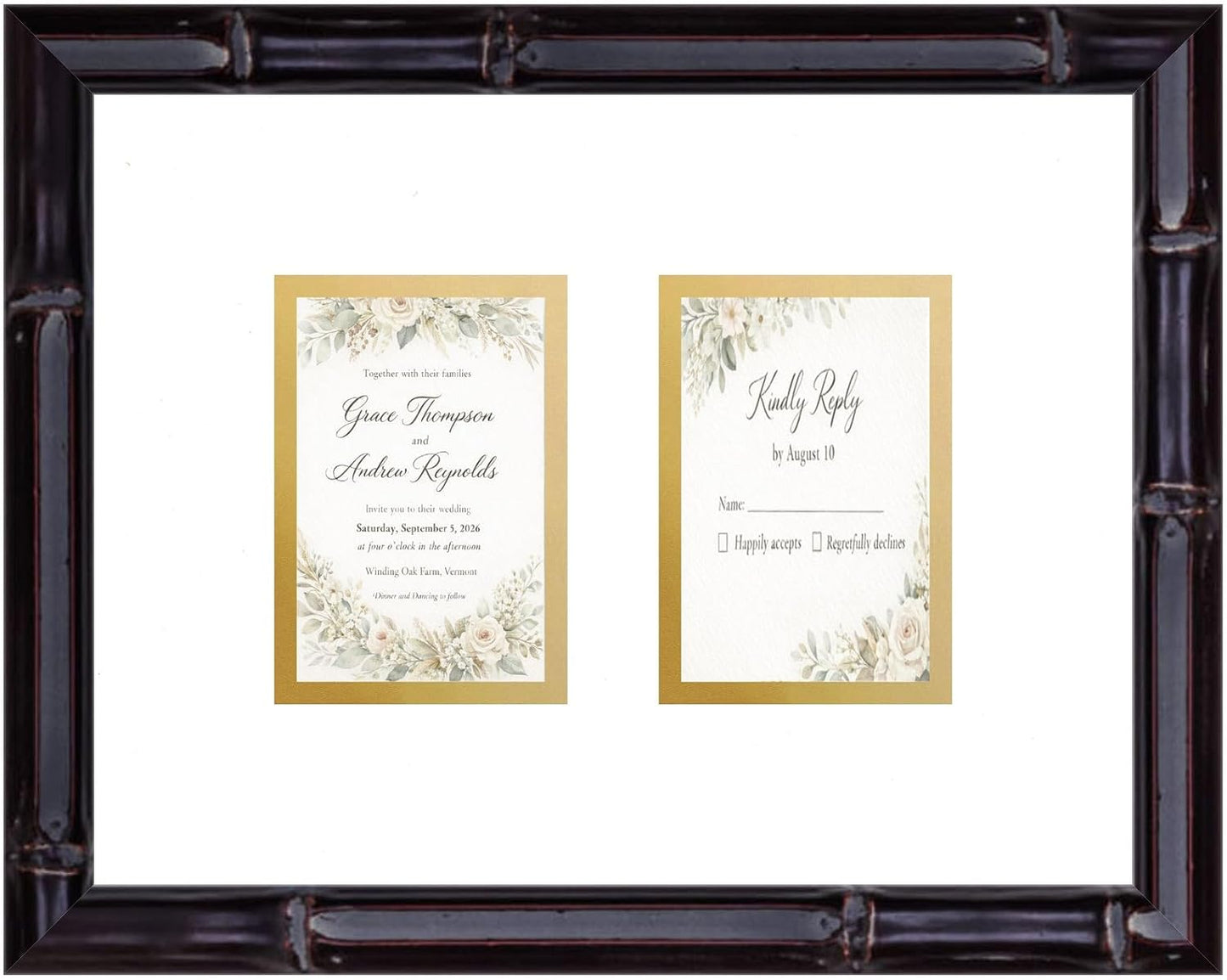 Heirloom 3.5x5 Enclosure Invitation and RSVP Keepsake Frame in Brown Genuine Hardwood 13.5x10.75 Artisan-Cut Double Mat White Paired With Metallic Gold Timeless Display