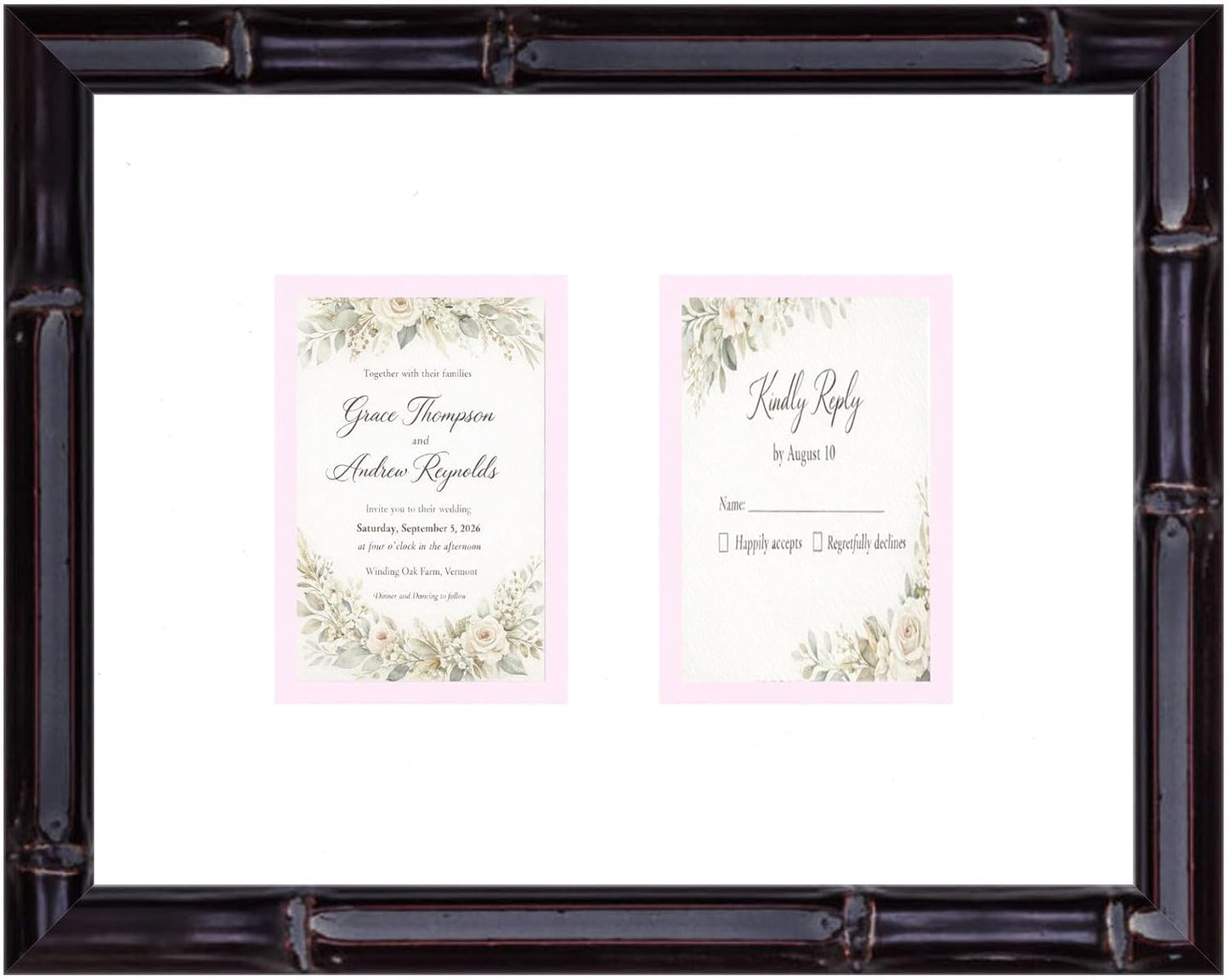 Heirloom 3.5x5 Enclosure Invitation and RSVP Keepsake Frame in Brown Genuine Hardwood 13.5x10.75 Artisan-Cut Double Mat White Paired With Metallic Gold Timeless Display