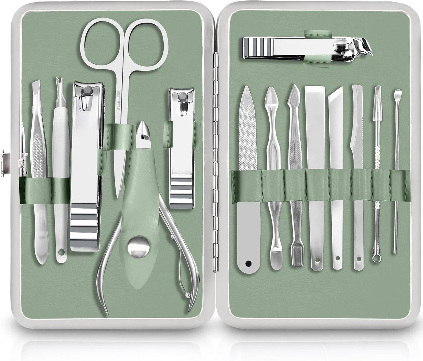 Manicure Kit for Women and Men, Manicure Set with Nail Clippers or Nail Kit Includes Fingernail & Toenail Clippers,15-Pcs Pedicure Kit Stocking Stuffers with Travel Case - Green