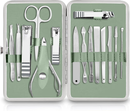 Manicure Kit for Women and Men, Manicure Set with Nail Clippers or Nail Kit Includes Fingernail & Toenail Clippers,15-Pcs Pedicure Kit Stocking Stuffers with Travel Case - Green