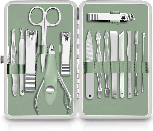 Manicure Kit for Women and Men, Manicure Set with Nail Clippers or Nail Kit Includes Fingernail & Toenail Clippers,15-Pcs Pedicure Kit Stocking Stuffers with Travel Case - Green