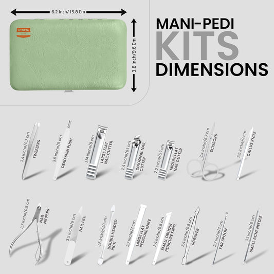 Manicure Kit for Women and Men, Manicure Set with Nail Clippers or Nail Kit Includes Fingernail & Toenail Clippers,15-Pcs Pedicure Kit Stocking Stuffers with Travel Case - Green